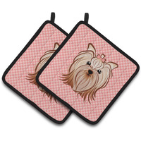 "Caroline's Treasures Pink Checkered Yorkie / Yorkshire Terrier Pair of Pot Holders BB1138PTHD, 7.5HX7.5W, Multicolor"
