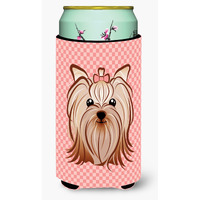Pink Checkered Yorkie / Yorkshire Terrier Tall Boy Beverage Insulator Hugger BB1138TBC
