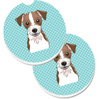 "Caroline's Treasures Checkerboard Blue Jack Russell Terrier Set of 2 Cup Holder Car Coasters BB1140CARC, 2.56, Multicolor"