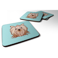 "Caroline's Treasures BB1142FC Checkerboard Blue Yorkie Yorkishire Terrier Foam Coaster (Set of 4), 3.5"" H x 3.5"" W, Multicolor"