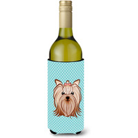 Checkerboard Blue Yorkie Yorkishire Terrier Wine Bottle Beverage Insulator Hugger