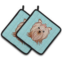 "Caroline's Treasures Checkerboard Blue Yorkie Yorkishire Terrier Pair of Pot Holders BB1142PTHD, 7.5HX7.5W, Multicolor"