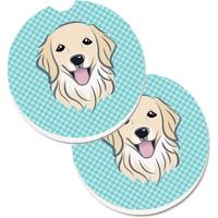 "Caroline's Treasures Checkerboard Blue Golden Retriever Set of 2 Cup Holder Car Coasters BB1143CARC, 2.56, Multicolor"