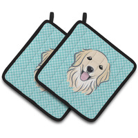 "Caroline's Treasures Checkerboard Blue Golden Retriever Pair of Pot Holders BB1143PTHD, 7.5HX7.5W, Multicolor"
