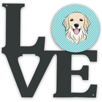 "Caroline's Treasures Checkerboard Blue Golden Retriever Metal Artwork Love wall-decor, Multicolor"