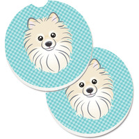 "Caroline's Treasures Checkerboard Blue Pomeranian Set of 2 Cup Holder Car Coasters BB1145CARC, 2.56, Multicolor"