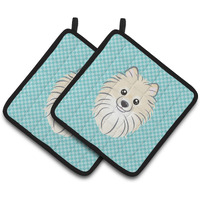 "Caroline's Treasures Checkerboard Blue Pomeranian Pair of Pot Holders BB1145PTHD, 7.5HX7.5W, Multicolor"