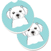"Caroline's Treasures Checkerboard Blue Maltese Set of 2 Cup Holder Car Coasters BB1146CARC, 2.56, Multicolor"