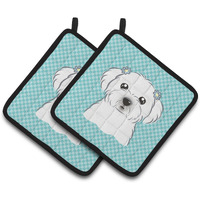 "Caroline's Treasures Checkerboard Blue Maltese Pair of Pot Holders BB1146PTHD, 7.5HX7.5W, Multicolor"