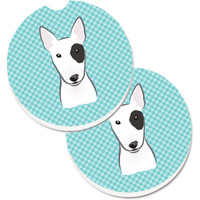 "Caroline's Treasures Checkerboard Blue Bull Terrier Set of 2 Cup Holder Car Coasters BB1147CARC, 2.56, Multicolor"