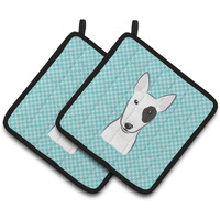 "Caroline's Treasures Checkerboard Blue Bull Terrier Pair of Pot Holders BB1147PTHD, 7.5HX7.5W, Multicolor"
