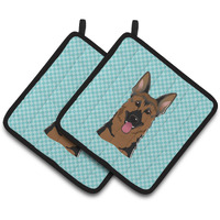 "Caroline's Treasures Checkerboard Blue German Shepherd Pair of Pot Holders BB1149PTHD, 7.5HX7.5W, Multicolor"