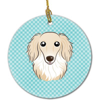 Checkerboard Blue Longhair Creme Dachshund Ceramic Ornament BB1150CO1