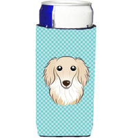 Checkerboard Blue Longhair Creme Dachshund Ultra Beverage Insulators for slim cans