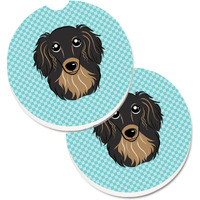 "Caroline's Treasures Checkerboard Blue Longhair black & Tan Dachshund Set of 2 Cup Holder Car Coasters BB1151CARC, 2.56, Multicolor"