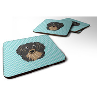 "Caroline's Treasures BB1151FC Checkerboard Blue Longhair Black and Tan Dachshund Foam Coaster (Set of 4), 3.5"" H x 3.5"" W, Multicolor"