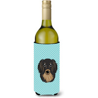 Checkerboard Blue Longhair Black and Tan Dachshund Wine Bottle Beverage Insulator Hugger
