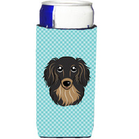 Checkerboard Blue Longhair Dachshund Ultra Beverage Insulators for slim cans