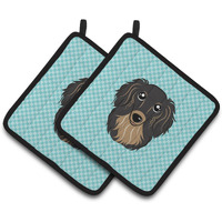 "Caroline's Treasures Checkerboard Blue Longhair black & Tan Dachshund Pair of Pot Holders BB1151PTHD, 7.5HX7.5W, Multicolor"