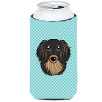 Checkerboard Blue Longhair Black and Tan Dachshund Tall Boy Beverage Insulator Hugger