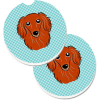"Caroline's Treasures Checkerboard Blue Longhair Red Dachshund Set of 2 Cup Holder Car Coasters BB1152CARC, 2.56, Multicolor"