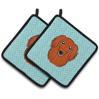 "Caroline's Treasures Checkerboard Blue Longhair Red Dachshund Pair of Pot Holders BB1152PTHD, 7.5HX7.5W, Multicolor"
