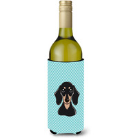 Checkerboard Blue Smooth Black and Tan Dachshund Wine Bottle Beverage Insulator Hugger