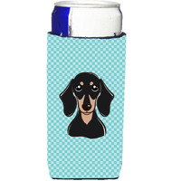 Checkerboard Blue Black and Tan Dachshund Ultra Beverage Insulators for slim cans