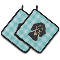 "Caroline's Treasures Checkerboard Blue Smooth black & Tan Dachshund Pair of Pot Holders BB1153PTHD, 7.5HX7.5W, Multicolor"
