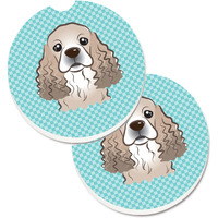 "Caroline's Treasures Checkerboard Blue Cocker Spaniel Set of 2 Cup Holder Car Coasters BB1154CARC, 2.56, Multicolor"
