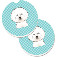 "Caroline's Treasures Checkerboard Blue Bichon Frise Set of 2 Cup Holder Car Coasters BB1155CARC, 2.56, Multicolor"