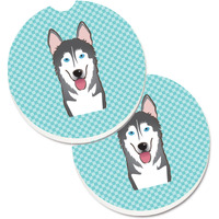 "Caroline's Treasures Checkerboard Blue Alaskan Malamute Set of 2 Cup Holder Car Coasters BB1156CARC, 2.56, Multicolor"