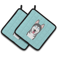 "Caroline's Treasures Checkerboard Blue Alaskan Malamute Pair of Pot Holders BB1156PTHD, 7.5HX7.5W, Multicolor"