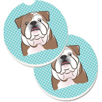 "Caroline's Treasures Checkerboard Blue English Bulldog Set of 2 Cup Holder Car Coasters BB1157CARC, 2.56, Multicolor"