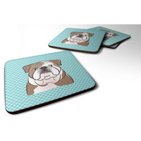 "Caroline's Treasures BB1157FC Checkerboard Blue English Bulldog Foam Coaster (Set of 4), 3.5"" H x 3.5"" W, Multicolor"