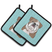 "Caroline's Treasures Checkerboard Blue English Bulldog Pair of Pot Holders BB1157PTHD, 7.5HX7.5W, Multicolor"