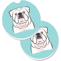 "Caroline's Treasures Checkerboard Blue White English Bulldog Set of 2 Cup Holder Car Coasters BB1158CARC, 2.56, Multicolor"