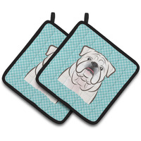 "Caroline's Treasures Checkerboard Blue White English Bulldog Pair of Pot Holders BB1158PTHD, 7.5HX7.5W, Multicolor"