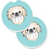 "Caroline's Treasures Checkerboard Blue Pekingese Set of 2 Cup Holder Car Coasters BB1159CARC, 2.56, Multicolor"