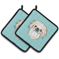 "Caroline's Treasures Checkerboard Blue Pekingese Pair of Pot Holders BB1159PTHD, 7.5HX7.5W, Multicolor"