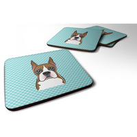 "Caroline's Treasures BB1161FC Checkerboard Blue Boxer Foam Coaster (Set of 4), 3.5"" H x 3.5"" W, Multicolor"