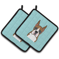 "Caroline's Treasures Checkerboard Blue Boxer Pair of Pot Holders BB1161PTHD, 7.5HX7.5W, Multicolor"