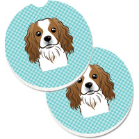 "Caroline's Treasures Checkerboard Blue Cavalier Spaniel Set of 2 Cup Holder Car Coasters BB1162CARC, 2.56, Multicolor"