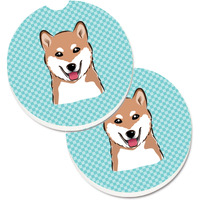 "Caroline's Treasures Checkerboard Blue Shiba Inu Set of 2 Cup Holder Car Coasters BB1163CARC, 2.56, Multicolor"