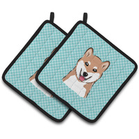 "Caroline's Treasures Checkerboard Blue Shiba Inu Pair of Pot Holders BB1163PTHD, 7.5HX7.5W, Multicolor"