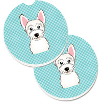 "Caroline's Treasures Checkerboard Blue Westie Set of 2 Cup Holder Car Coasters BB1164CARC, 2.56, Multicolor"