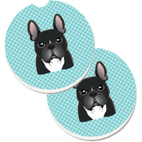 "Caroline's Treasures Checkerboard Blue French Bulldog Set of 2 Cup Holder Car Coasters BB1165CARC, 2.56, Multicolor"