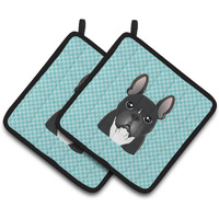 "Caroline's Treasures Checkerboard Blue French Bulldog Pair of Pot Holders BB1165PTHD, 7.5HX7.5W, Multicolor"