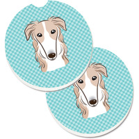 "Caroline's Treasures Checkerboard Blue Borzoi Set of 2 Cup Holder Car Coasters BB1166CARC, 2.56, Multicolor"
