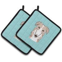 "Caroline's Treasures Checkerboard Blue Borzoi Pair of Pot Holders BB1166PTHD, 7.5HX7.5W, Multicolor"